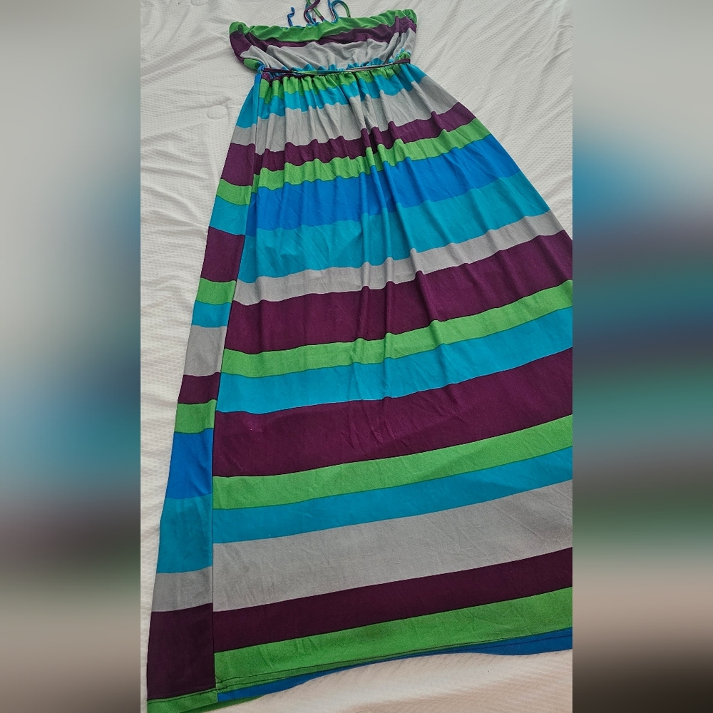 Striped Chelsey Dress Blue, Green & Purple Sz Large Stretchy